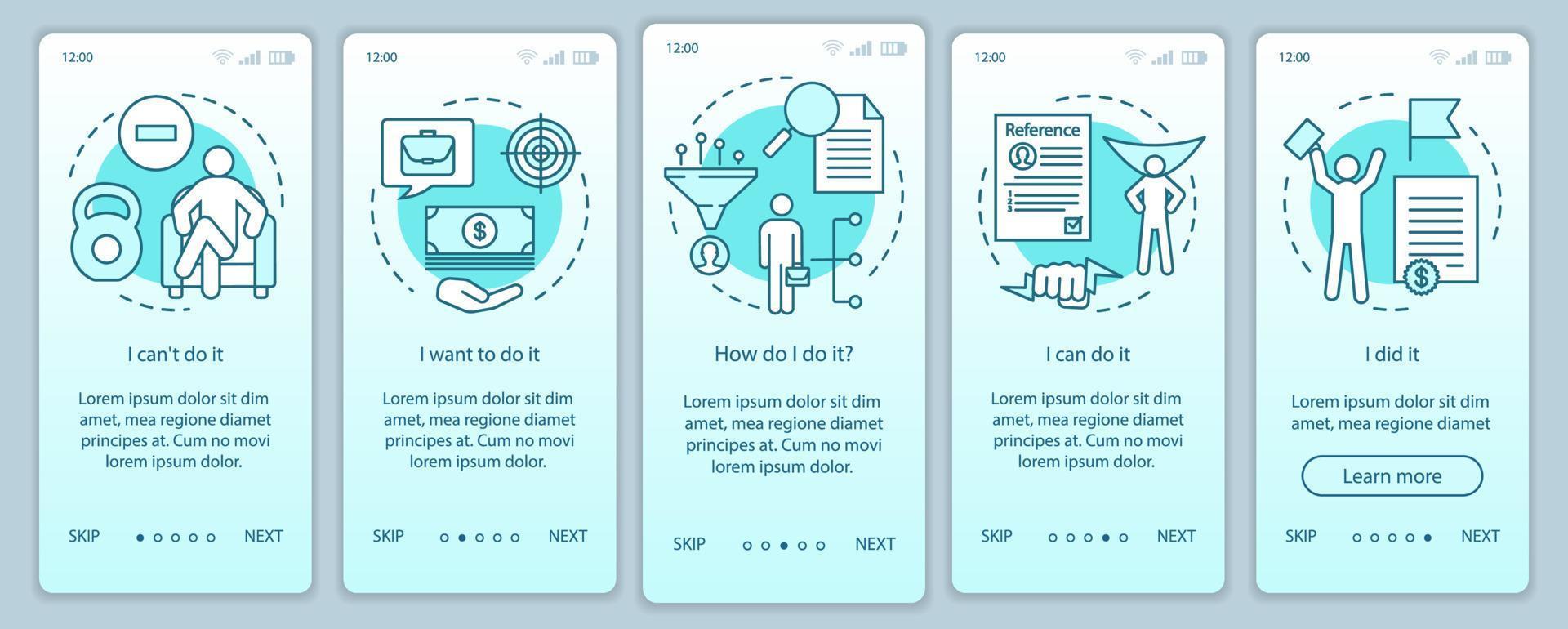 Motivation onboarding mobile app page screen with linear concepts. Goal achieving, problem solving. Getting job. Steps graphic instructions. UX, UI, GUI vector template with illustrations