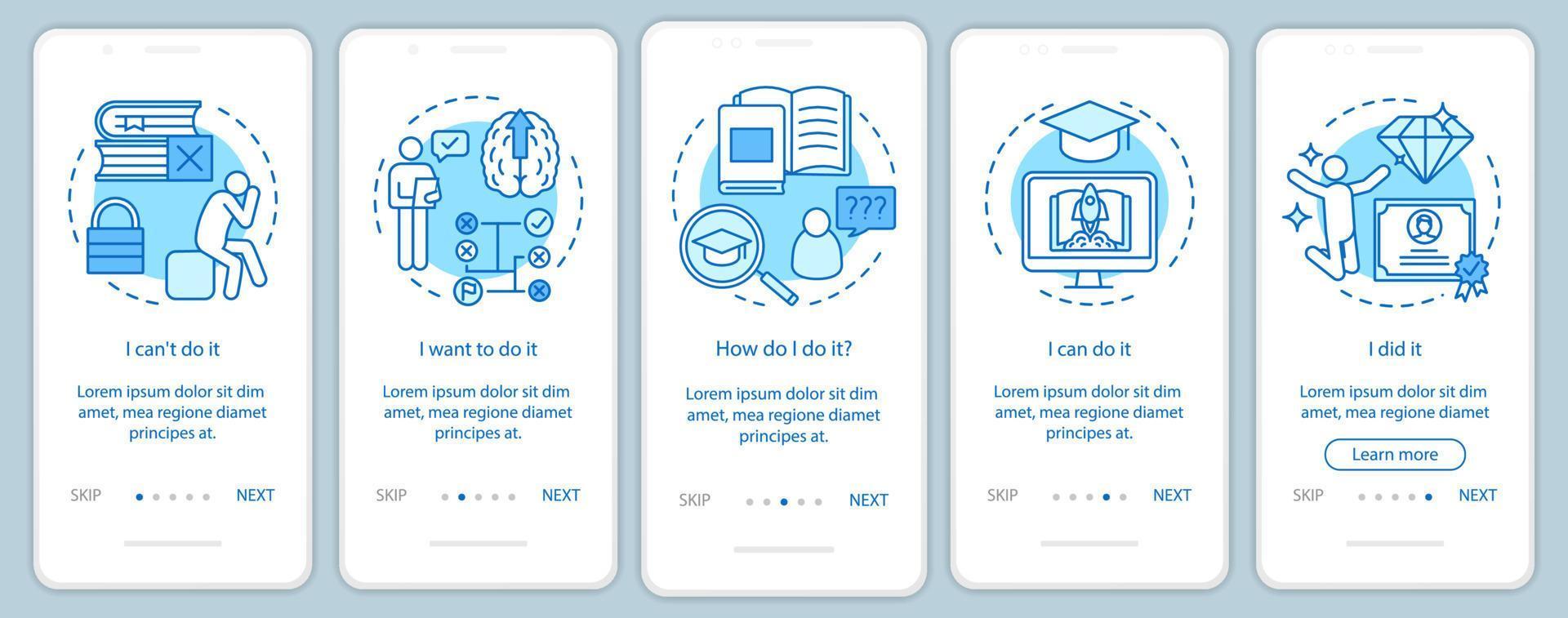 Education motivation onboarding mobile app page screen with linear concepts. Way to success. Careerist, yuppie, workaholic. Steps graphic instructions. UX, UI, GUI vector template with illustrations