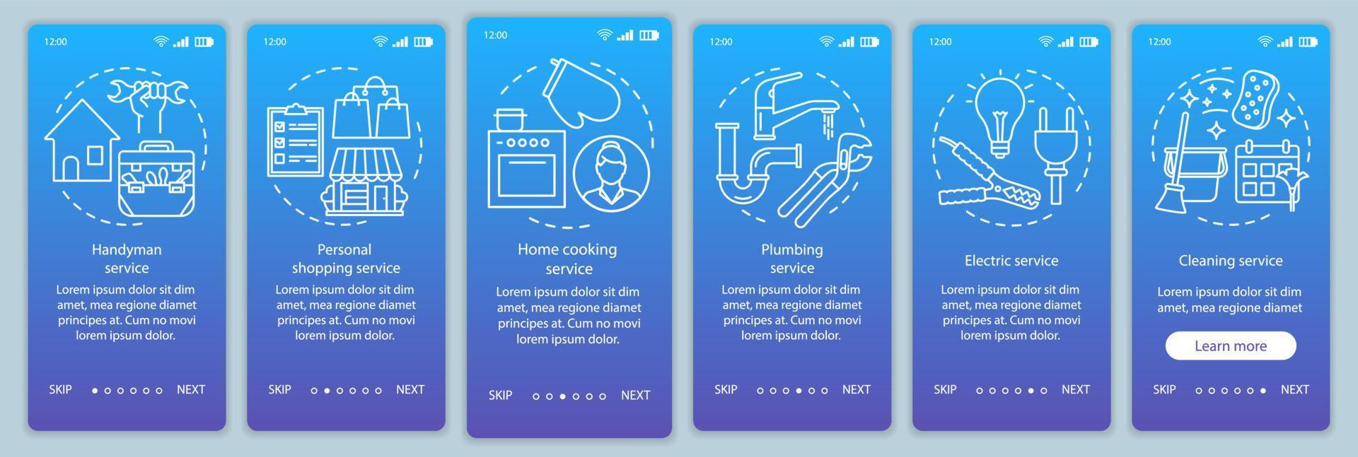 servicios para el hogar incorporación de plantilla de vector de pantalla de página de aplicación móvil. limpieza, servicio de manitas. paso a paso del sitio web con ilustraciones lineales. concepto de interfaz de teléfono inteligente ux, ui, gui