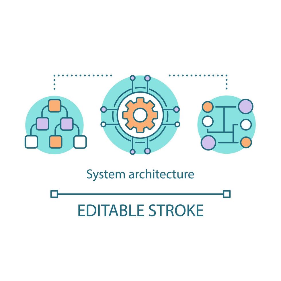 System architecture concept icon. Organization structure,model idea thin line illustration. Management. Enterprise hierarchy, departments. Strategic plan. Vector isolated drawing. Editable stroke