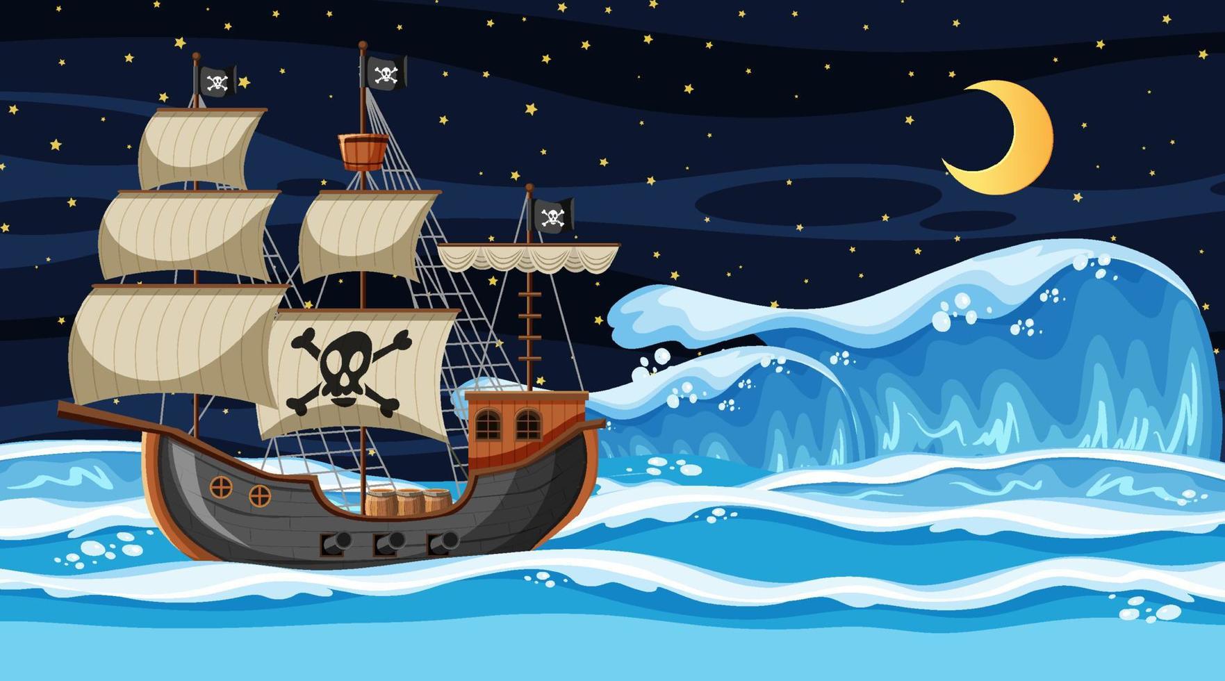 escena del océano en la noche con barco pirata en estilo de dibujos animados vector