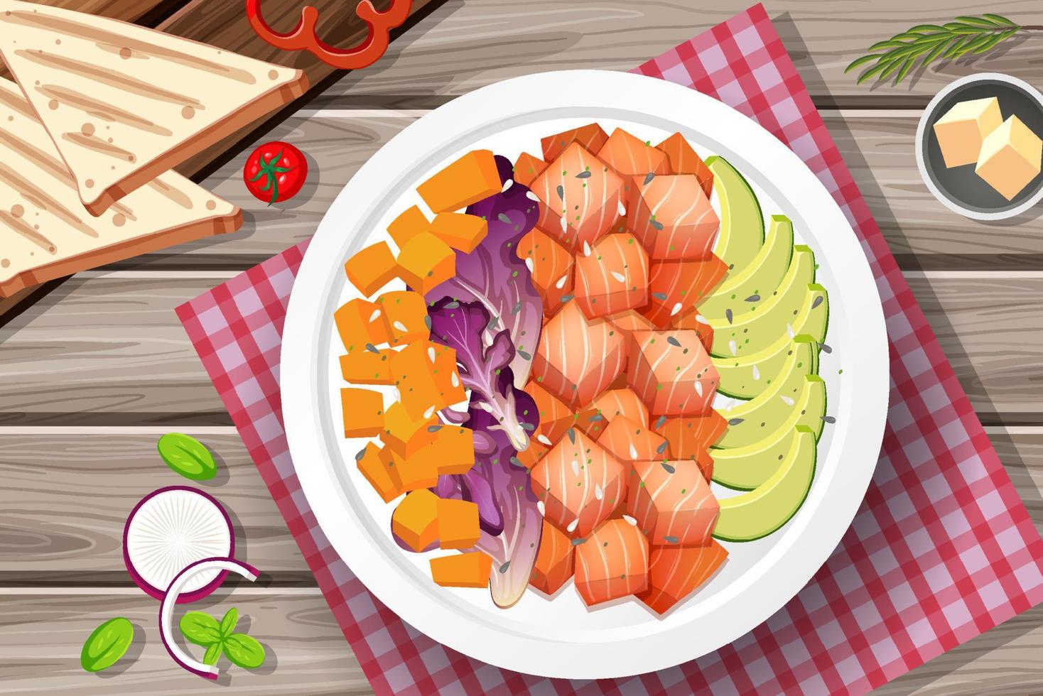 Ensalada de salmón con pan sobre la mesa vector