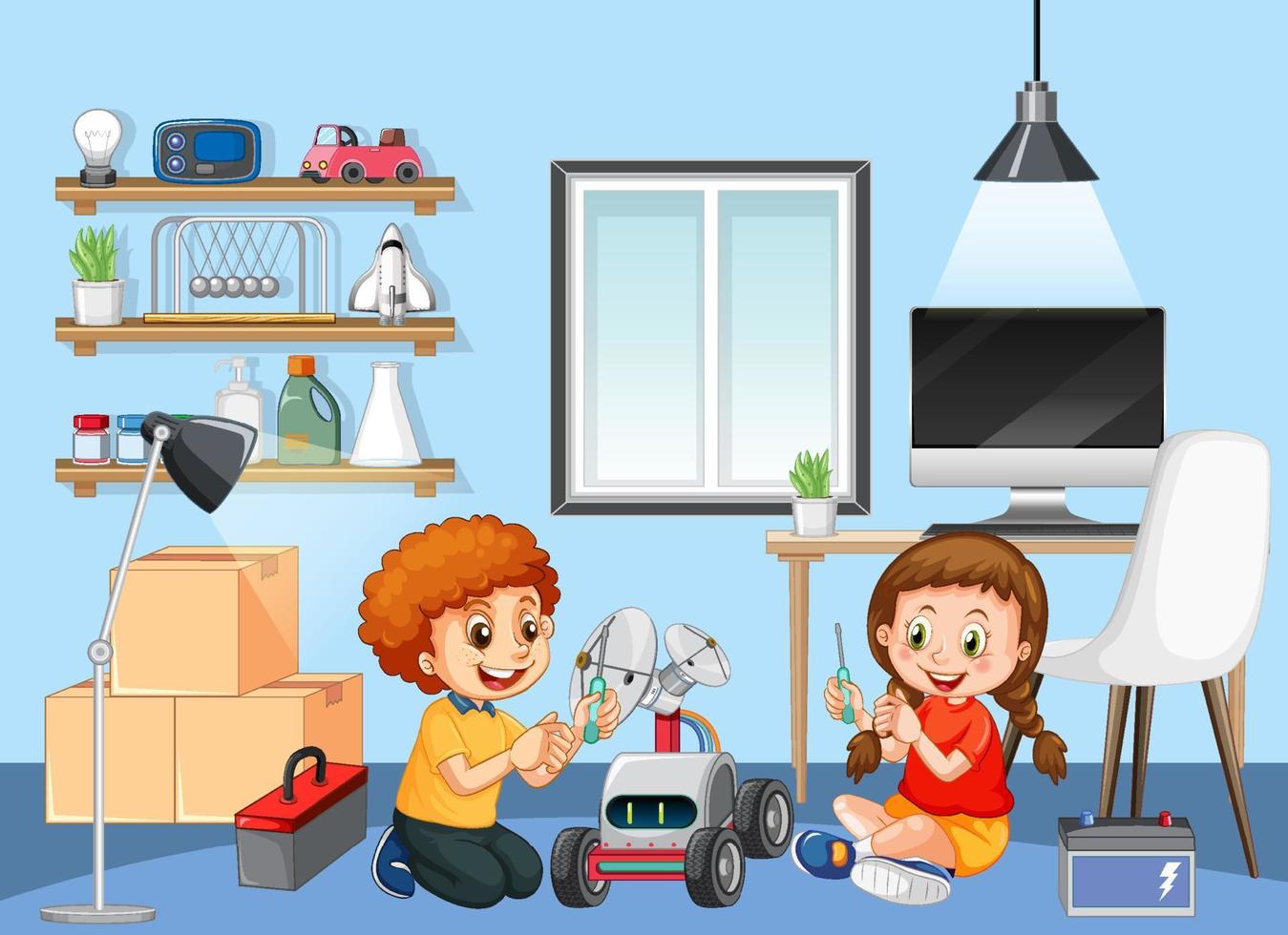 Children fixing a robot together in the room scene vector