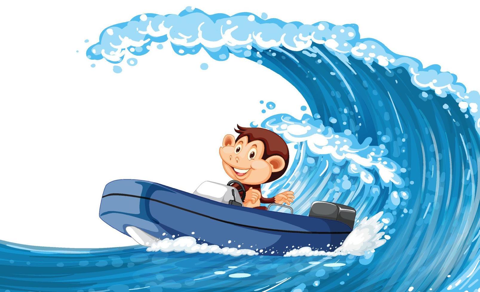 mono feliz conduciendo un barco en las olas del océano vector