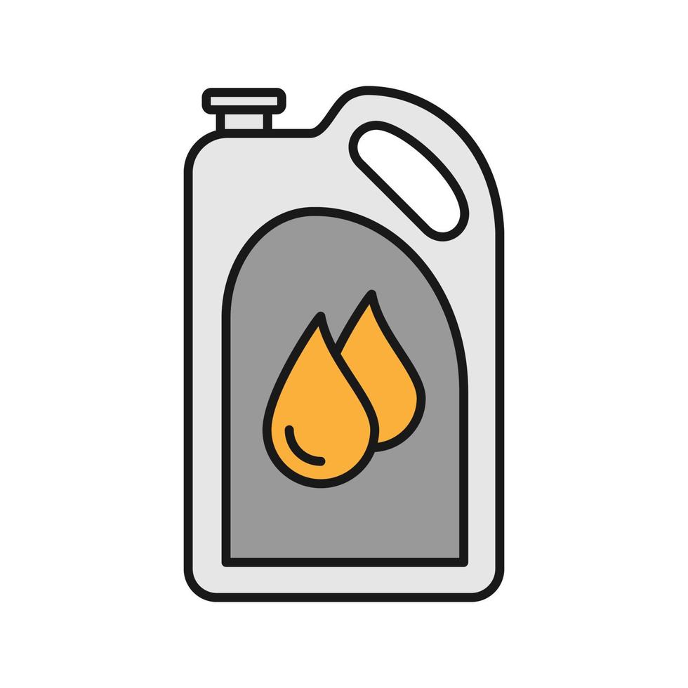 Motor oil color icon. Plastic jerry can with liquid drops. Fuel container. Isolated vector illustration
