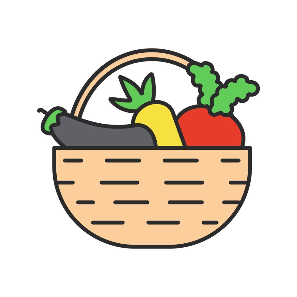 Basket with vegetables color icon. Autumn harvest. Carrot, eggplant, beetroot. Isolated vector illustration