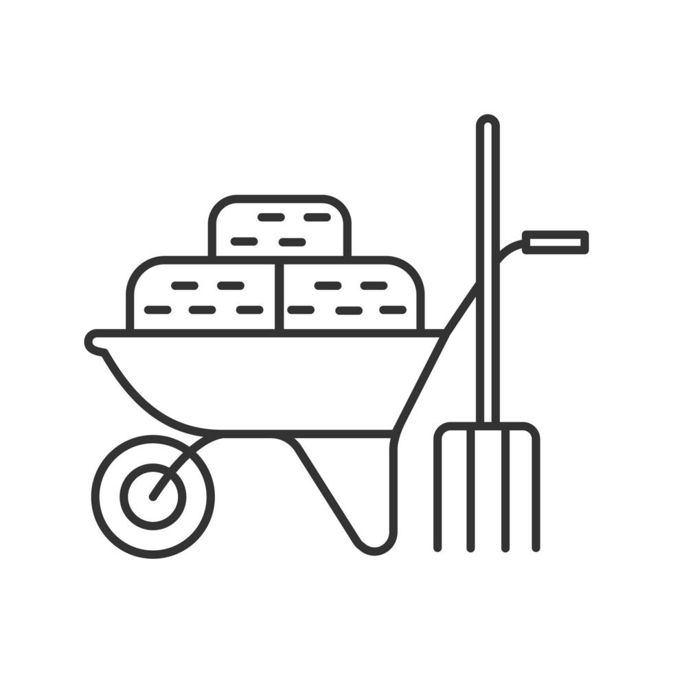 Wheelbarrow with bales of hay and pitchfork linear icon. Agricultural work. Thin line illustration. Contour symbol. Vector isolated outline drawing