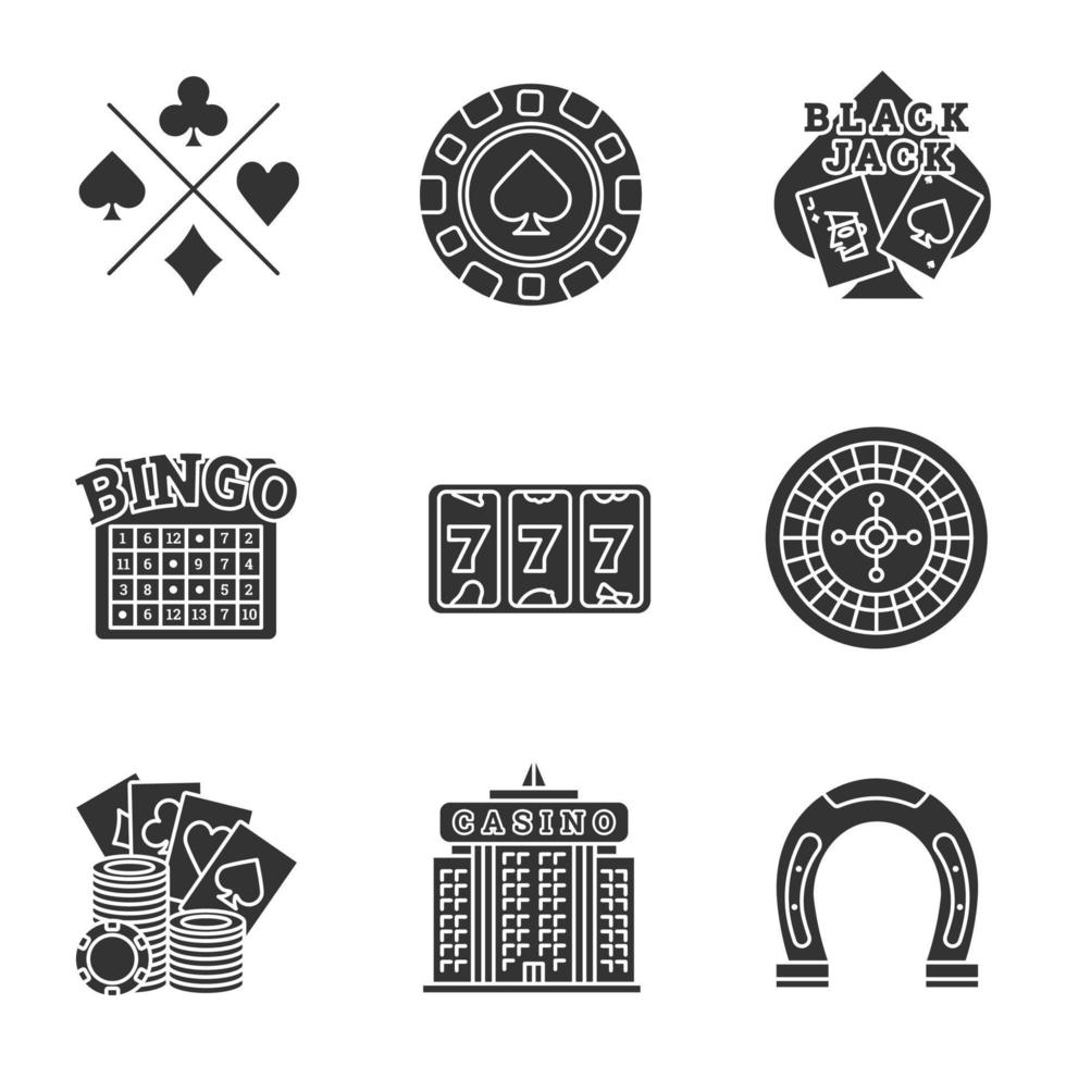 Casino glyph icons set. Cards suits, gambling chip, blackjack, bingo, lucky seven, roulette, casino building, horseshoe. Silhouette symbols. Vector isolated illustration