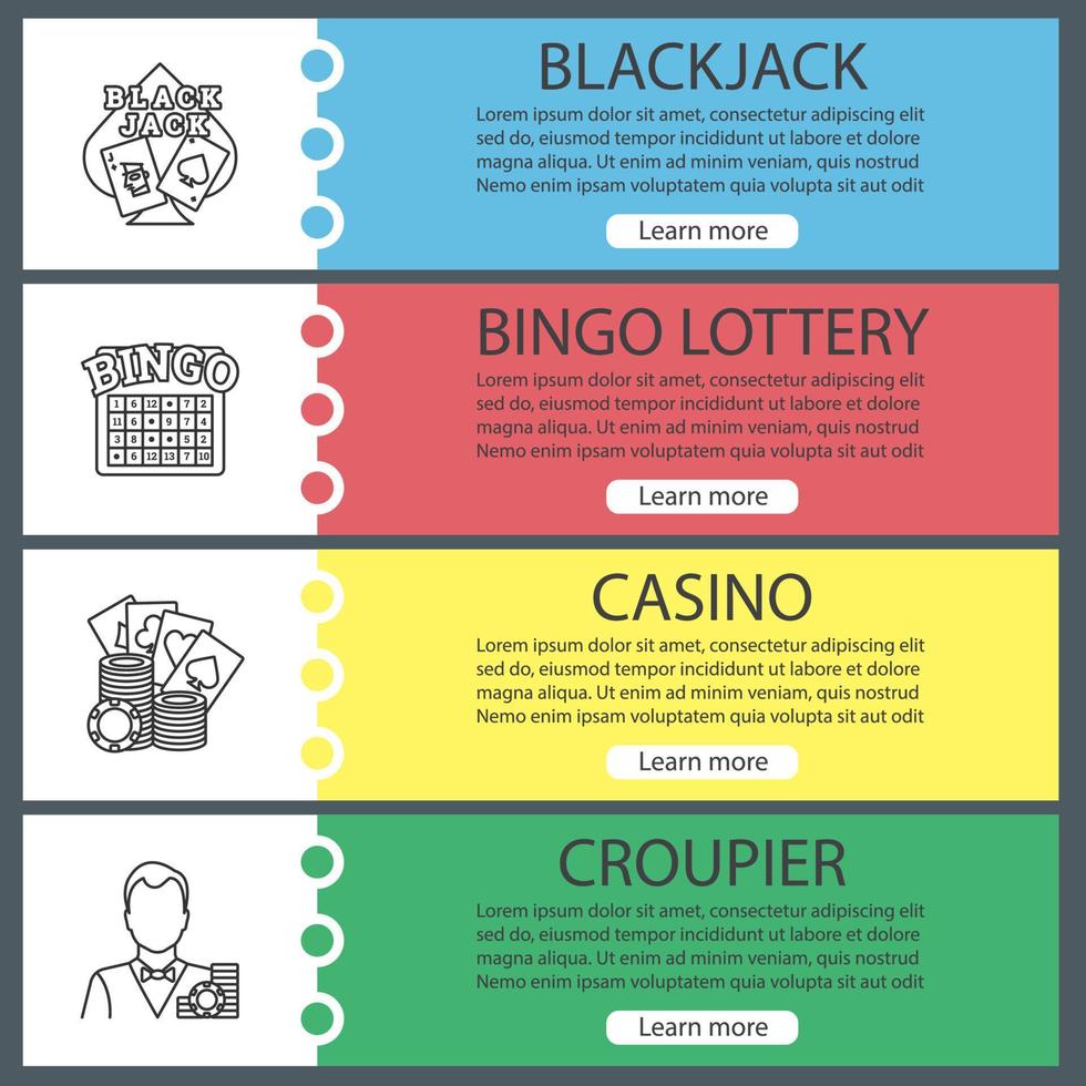 Conjunto de plantillas de banner web de casino. blackjack, bingo, lotería, casino, crupier. elementos del menú de color del sitio web con iconos lineales. conceptos de diseño de encabezados vectoriales vector