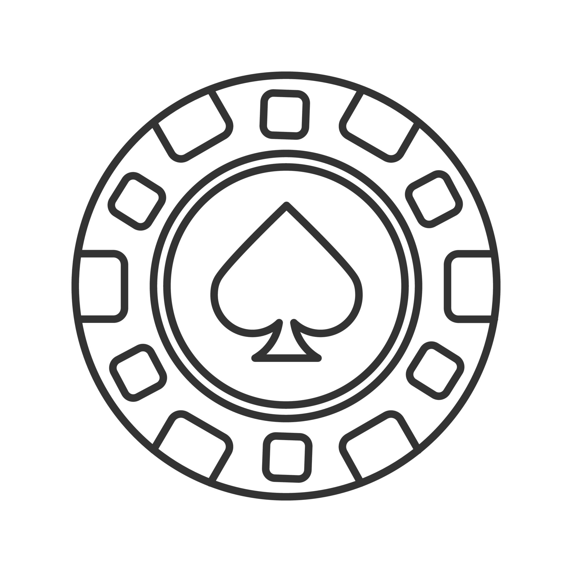 Casino chip linear icon. Gambling token with spade sign. Thin line