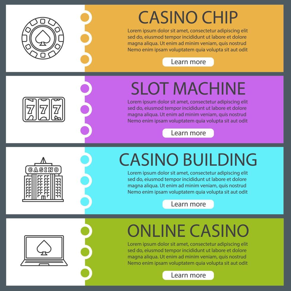 Casino web banner templates set. Gambling chip, slot machine, casino building, online poker. Website color menu items with linear icons. Vector headers design concepts