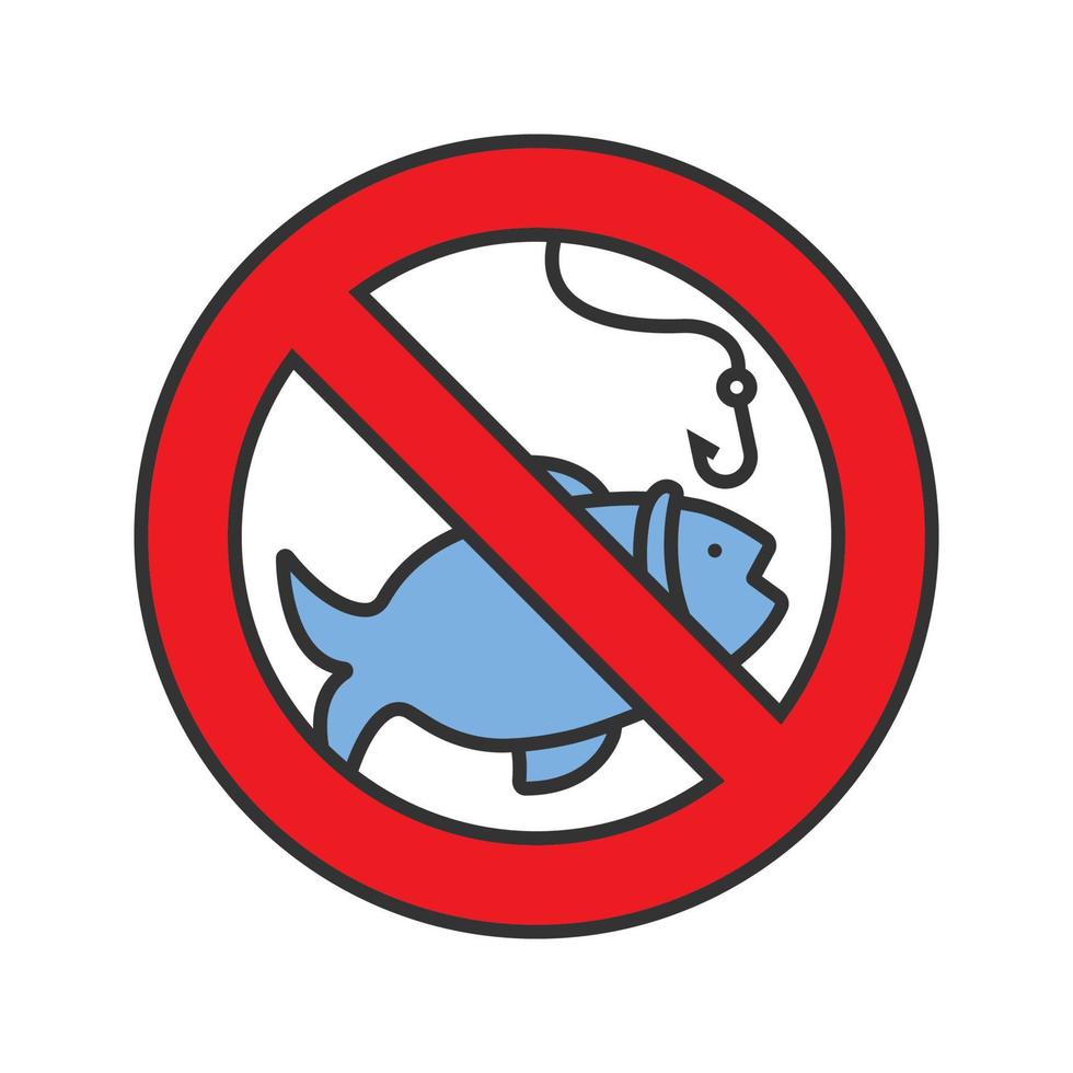 Forbidden sign with fish color icon. No fishing prohibition. Isolated vector illustration