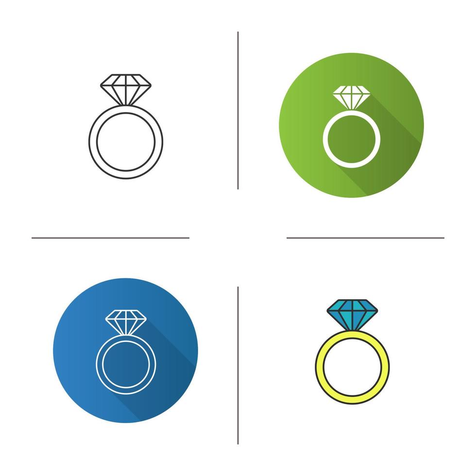 Ring with diamond icon. Flat design, linear and color styles. Wedding ring. Isolated vector illustrations