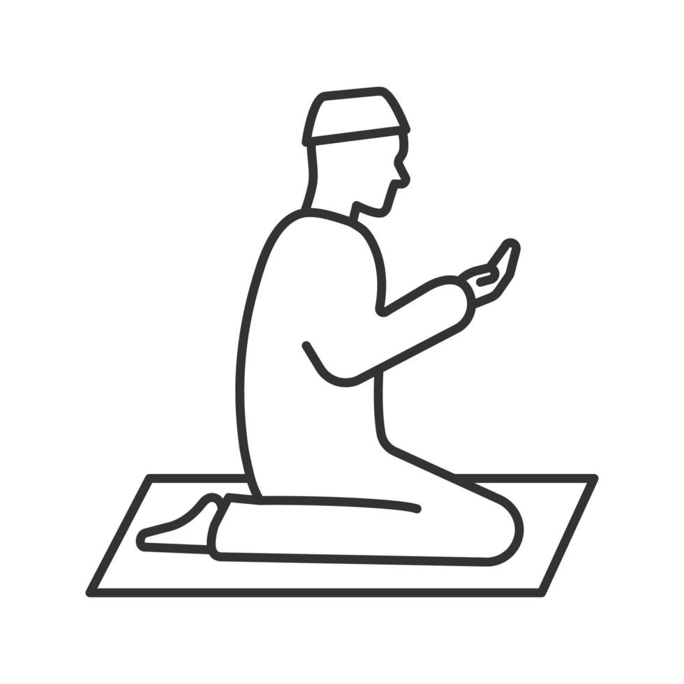 rezando icono lineal de hombre musulmán. Ilustración de línea fina. Adoración. cultura islámica. símbolo de contorno. pidiendo a allah. dibujo de contorno aislado vectorial vector