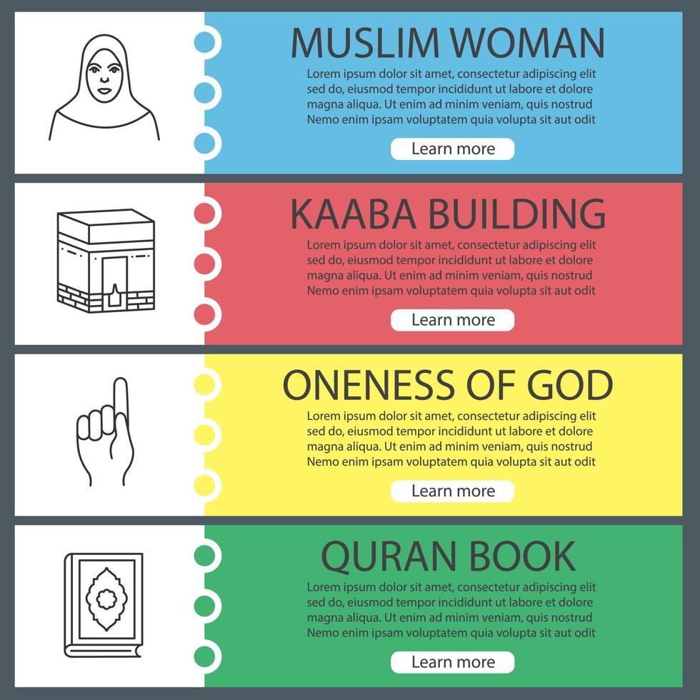 Conjunto de plantillas de banner web de cultura islámica. mujer musulmana, gesto de dios, kaaba, libro del corán. elementos del menú del sitio web con iconos lineales. conceptos de diseño de encabezados vectoriales vector