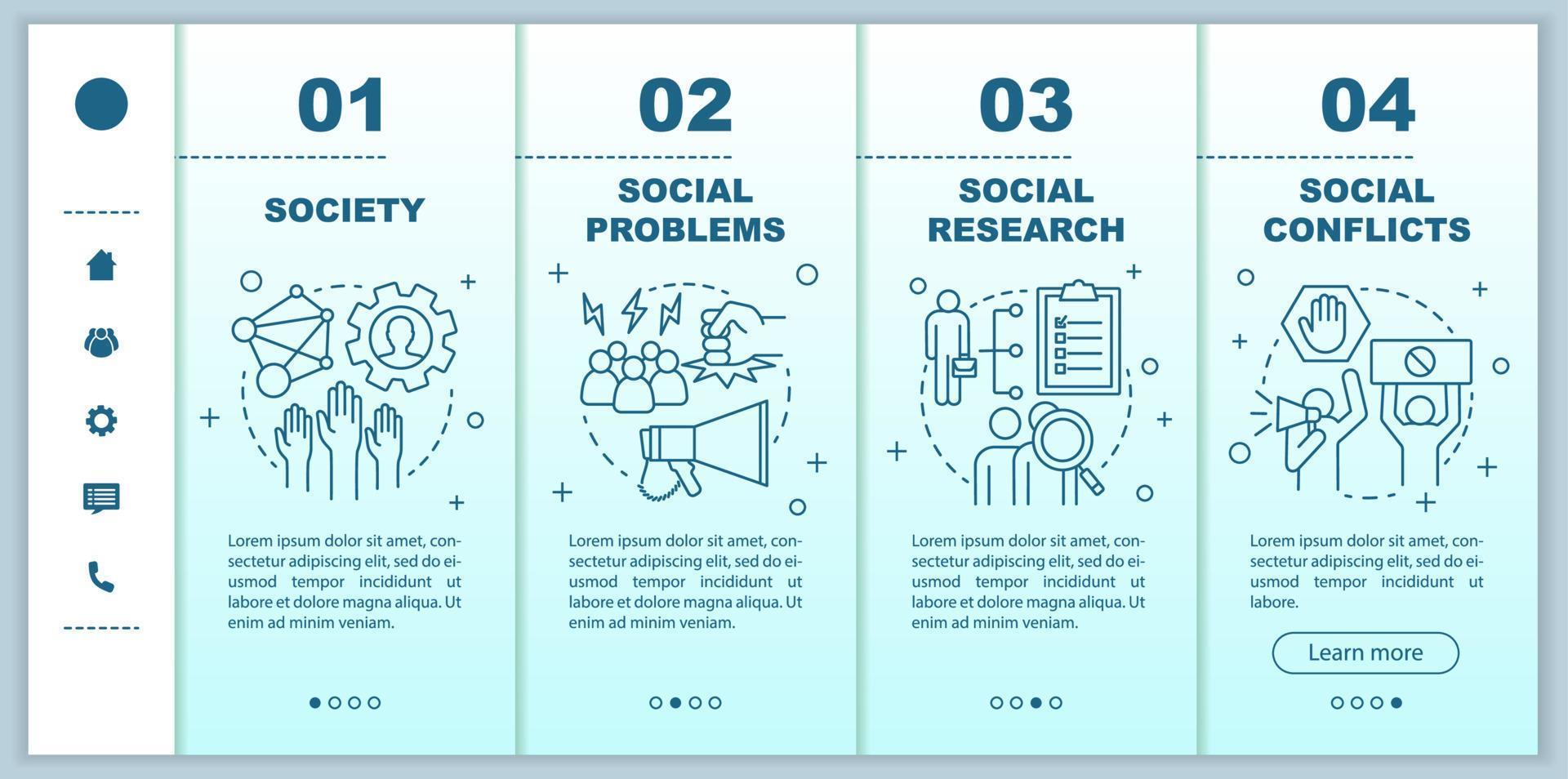 Sociology onboarding mobile web pages vector template. Society, social problems, conflicts. Responsive smartphone website interface idea. Webpage walkthrough step screens. Color concept