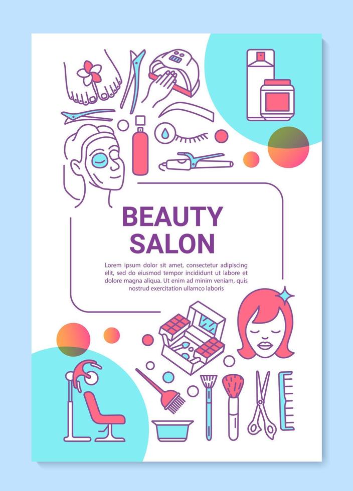 Diseño de plantilla de póster de procedimientos de salón de belleza. salón de cosmetología, spa. banner, folleto, diseño de impresión de folletos con iconos lineales. diseño de página de folleto de vector para revistas, folletos publicitarios