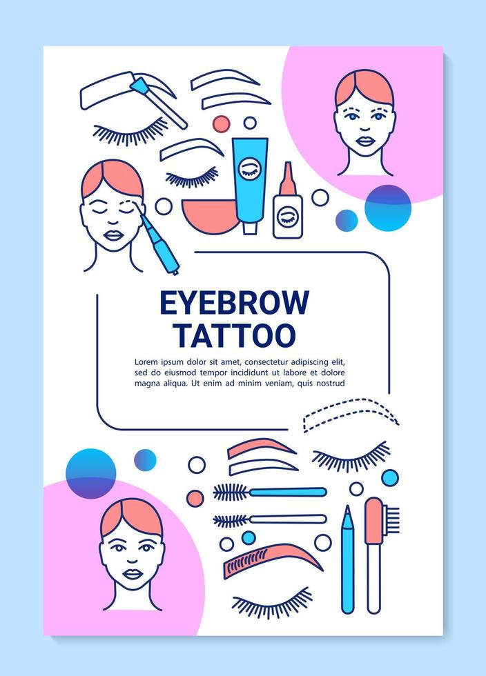 Eyebrow tattoo poster template layout. Eye brow tinting and dyeing cosmetics. Banner, booklet, leaflet print design with linear icons. Vector brochure page layout for magazines, advertising flyers