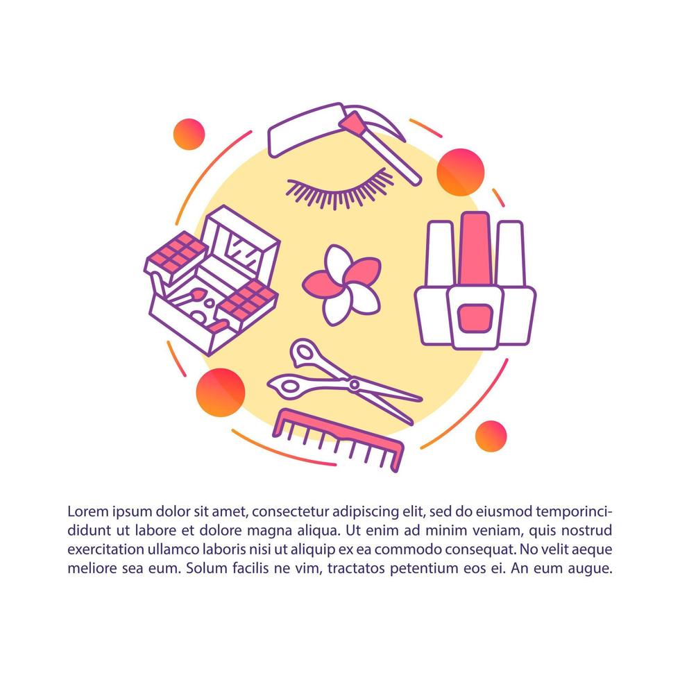 Beauty salon procedures article page vector template. Manicure, makeup. Brochure, magazine, booklet design element with linear icons and text boxes. Print design. Concept illustrations with text space