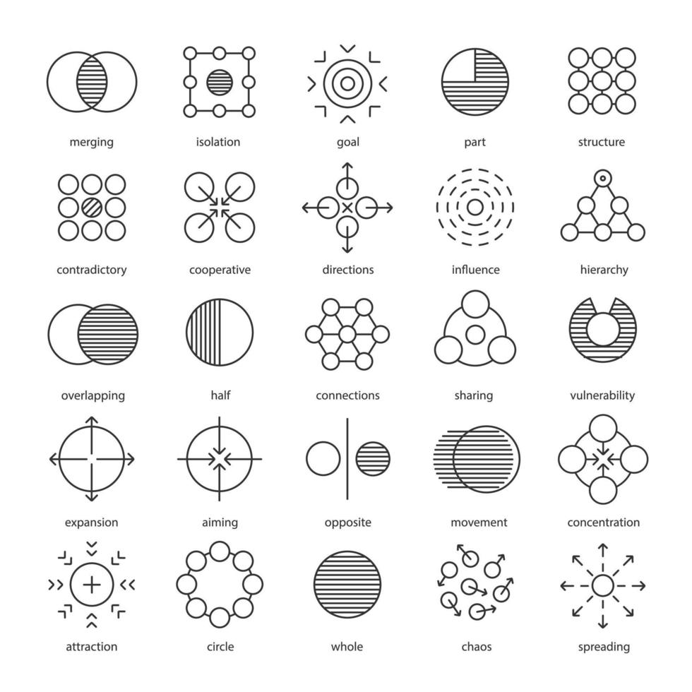 Abstract symbols linear icons set. merging, vulnerability, aiming, sharing, connections, spreading, hierarchy, isolation, goal concepts. Thin line contour symbols. Isolated vector outline illustration