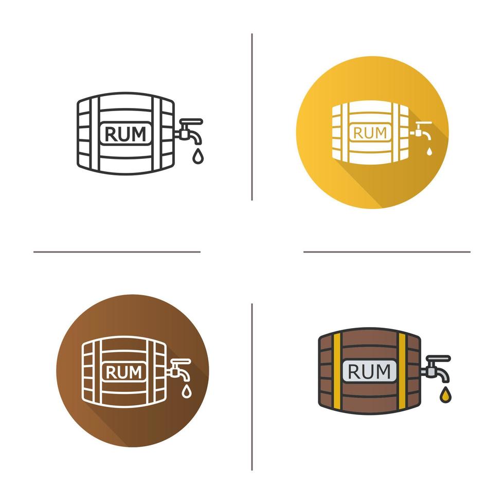 Rum wooden barrel icon. Flat design, linear and color styles. Alcohol barrel with tap and drop. Isolated vector illustrations