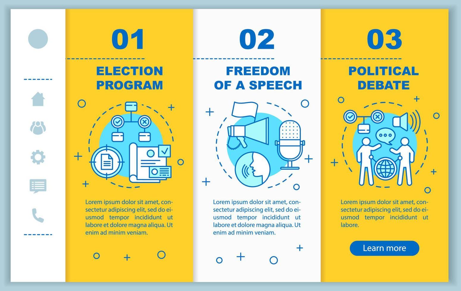 plantilla de vector de páginas web móviles de incorporación del día de las elecciones. Idea de interfaz de sitio web de teléfono inteligente sensible con ilustraciones lineales. pantallas de pasos del tutorial de la página web. concepto de color