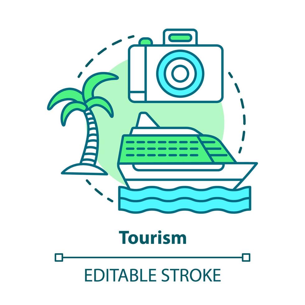 Tourism concept icon. Hospitality industry idea thin line illustration. Journey and travel. Touristic agency service. Trip advisor. Summer holidays. Vector isolated outline drawing. Editable stroke