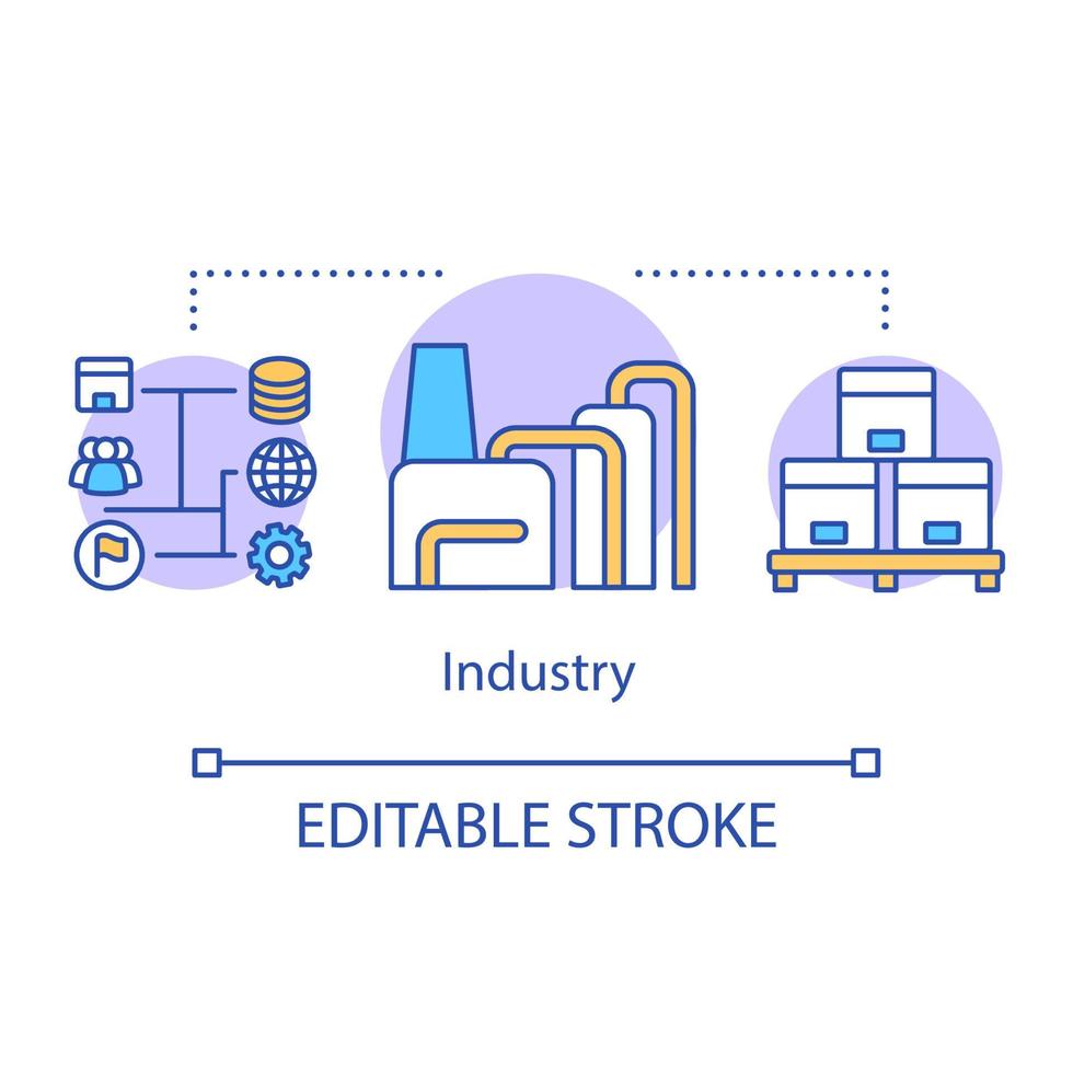 Industry concept icon. Industrial automation production idea thin line illustration. Enterprise factory. Product manufacturing process. Vector isolated outline drawing. Editable stroke