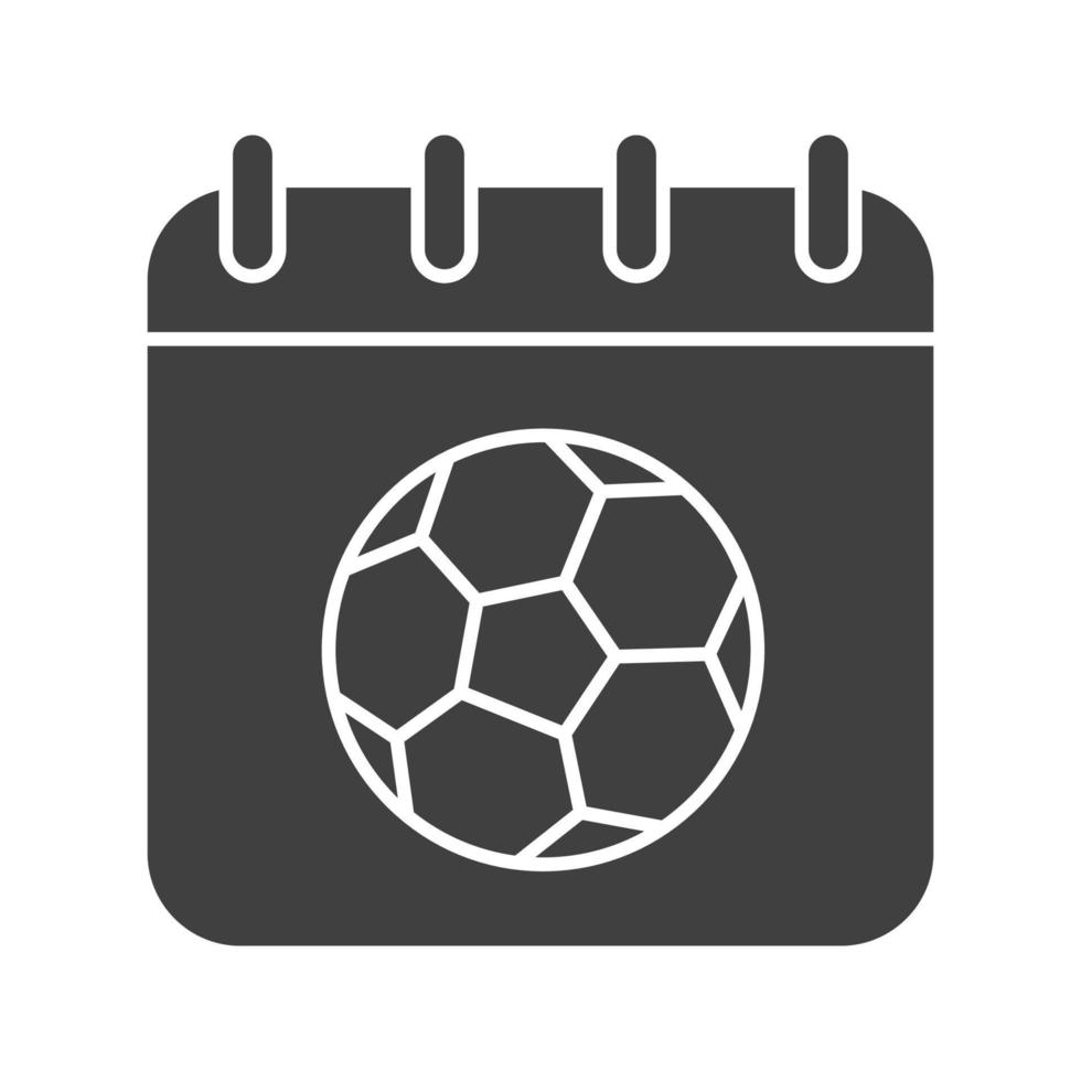 icono de glifo de fecha de campeonato de fútbol. símbolo de silueta. página de calendario con balón de fútbol. espacio negativo. vector ilustración aislada