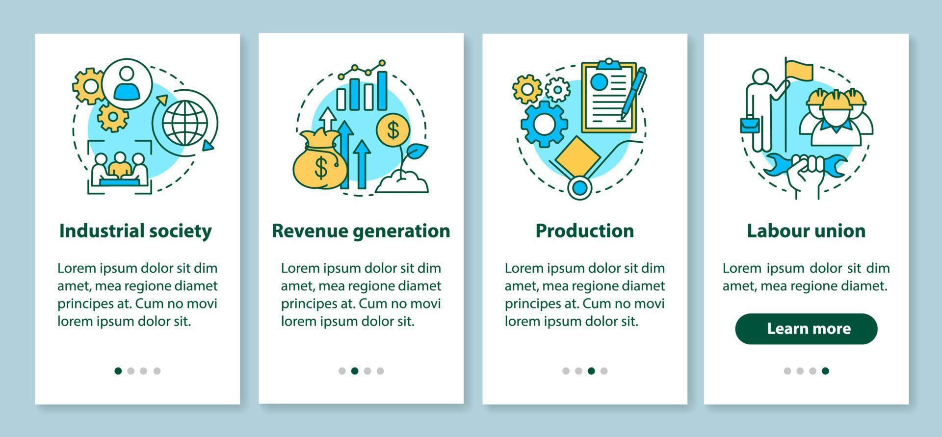 Production process onboarding mobile app page screen with linear concepts. Industrial society, labour union walkthrough steps graphic instructions. UX, UI, GUI vector template with illustrations