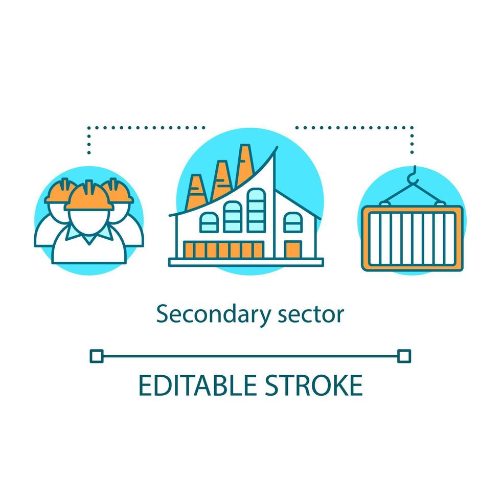 icono del concepto de sector secundario. Ilustración de línea fina de idea de industria de procesamiento y fabricación. sector industrial. industria pesada y ligera. dibujo de contorno aislado vectorial. trazo editable vector