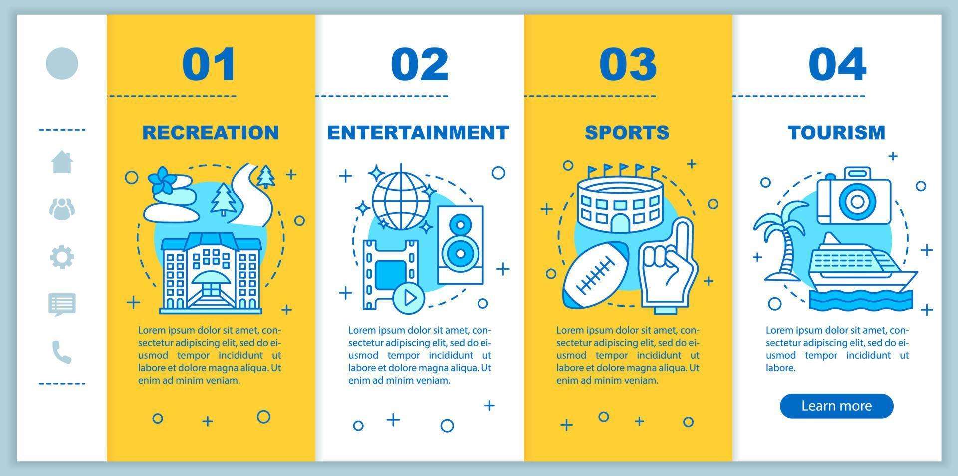 Recreation industries onboarding mobile web pages vector template. Entertainment. Responsive smartphone website interface idea with linear icons. Webpage walkthrough step screens. Color concept