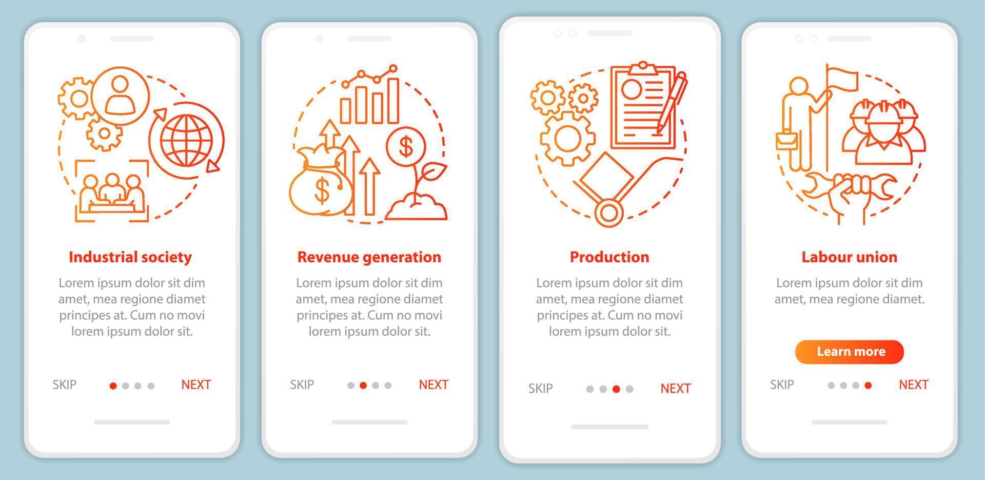 Production process red onboarding mobile app page screen vector template. Industrial society, labour union. Walkthrough website steps with linear icons. UX, UI, GUI smartphone interface concept