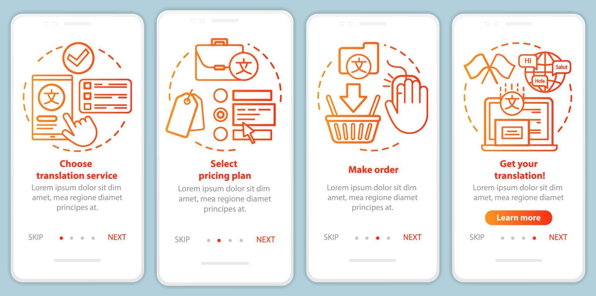 Translation service process red onboarding mobile app page screen vector template. Select pricing plan. Walkthrough website steps with linear illustrations. UX, UI, GUI smartphone interface concept