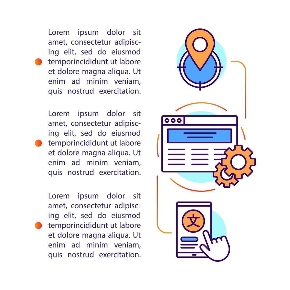 plantilla de vector de página de artículo de localización de aplicaciones. folleto, revista, elemento de diseño de folleto con iconos lineales y cuadros de texto. diseño de impresión. ilustraciones de concepto con espacio de texto