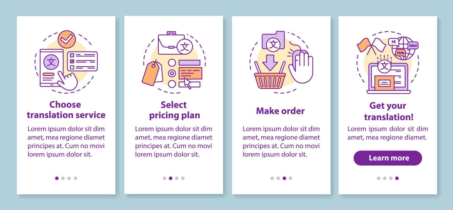 Translation service process onboarding mobile app page screen with linear concepts. Select pricing plan, make order walkthrough steps graphic instructions. UX, UI, GUI vector template with icons