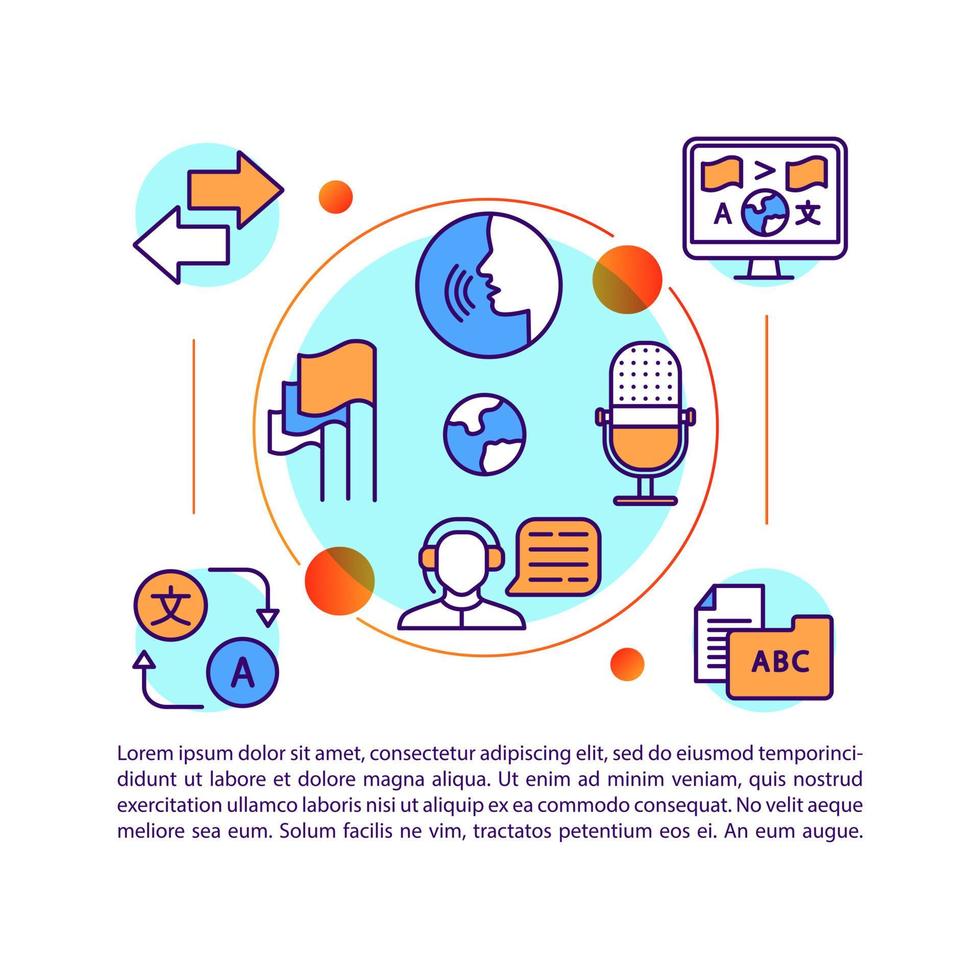 Translation business, services article page vector template. Interpretation. Brochure, magazine, booklet element with linear icons and text boxes. Print design. Concept illustrations with text space