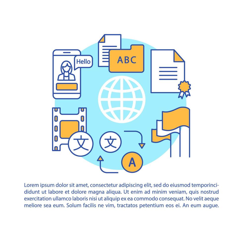 Written and spoken translation article page vector template. Brochure, magazine, booklet design element with linear icons and text boxes. Print design. Concept illustrations with text space