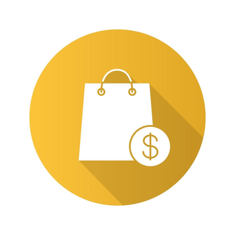 icono de larga sombra de diseño plano de venta. bolsa de compras con signo de dólar. símbolo de silueta vectorial vector