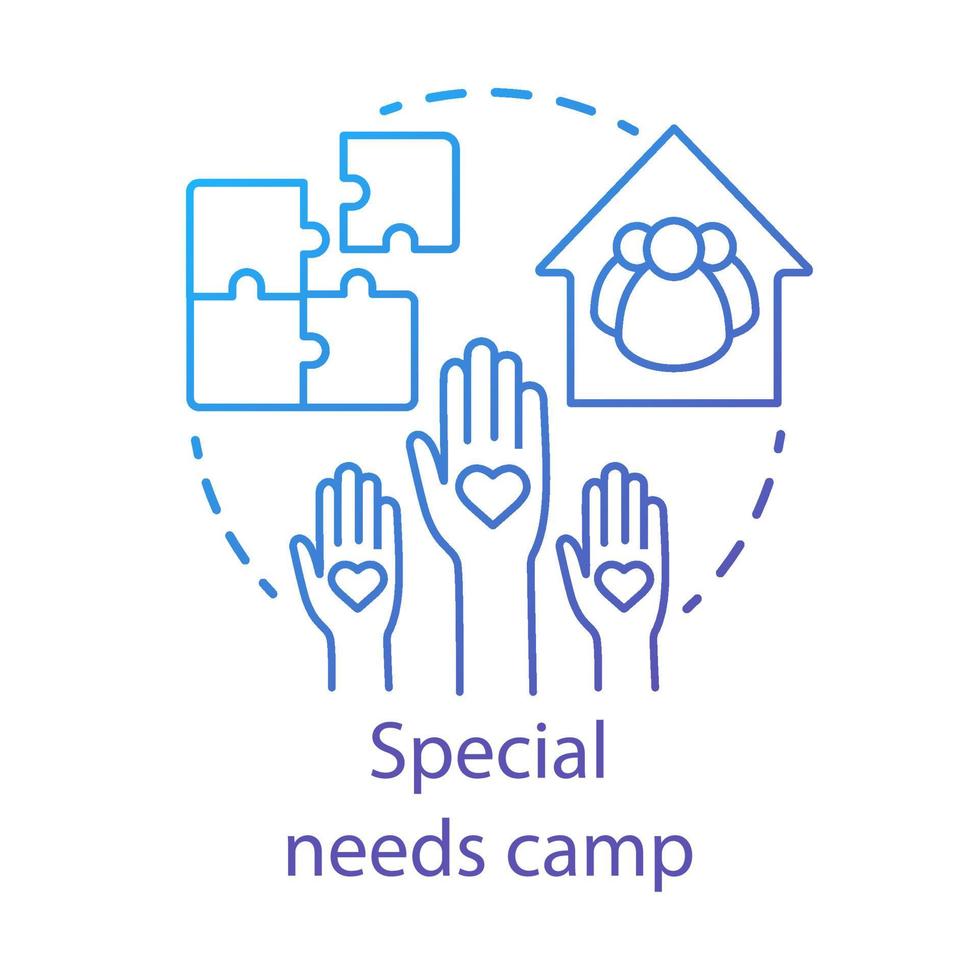 Special needs camp concept icon. Summer handicapped, charity club, community idea thin line illustration. Social aid, assistance organisation. Vector isolated outline drawing. Editable stroke