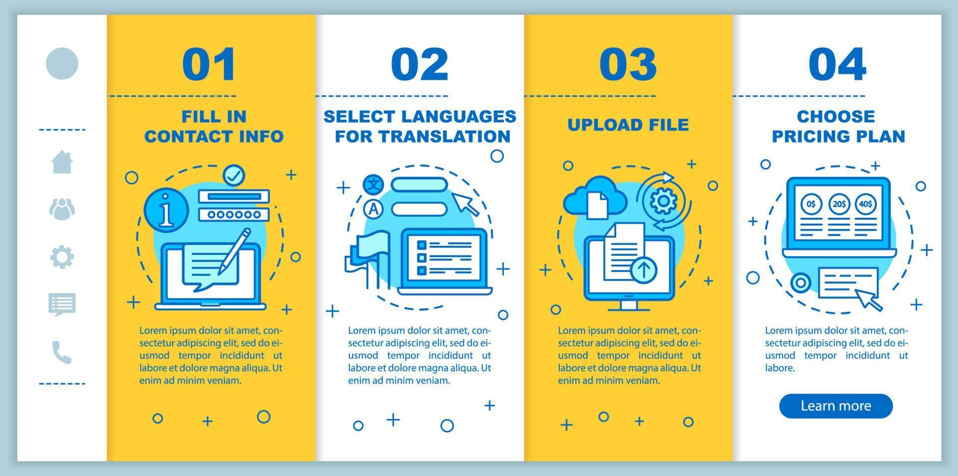 Translation service onboarding mobile web pages vector template. Upload file. Responsive smartphone website interface idea with linear illustrations. Webpage walkthrough step screens. Color concept