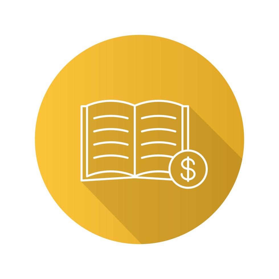 comprar libro plano lineal larga sombra icono. librería. libro de texto con signo de dólar. símbolo de contorno vectorial vector