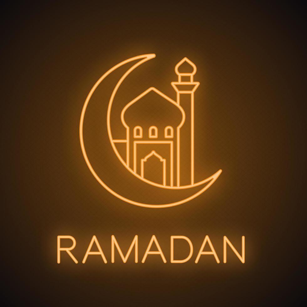 Mosque with ramadan moon neon light icon. Glowing sign. Crescent moon. Vector isolated illustration