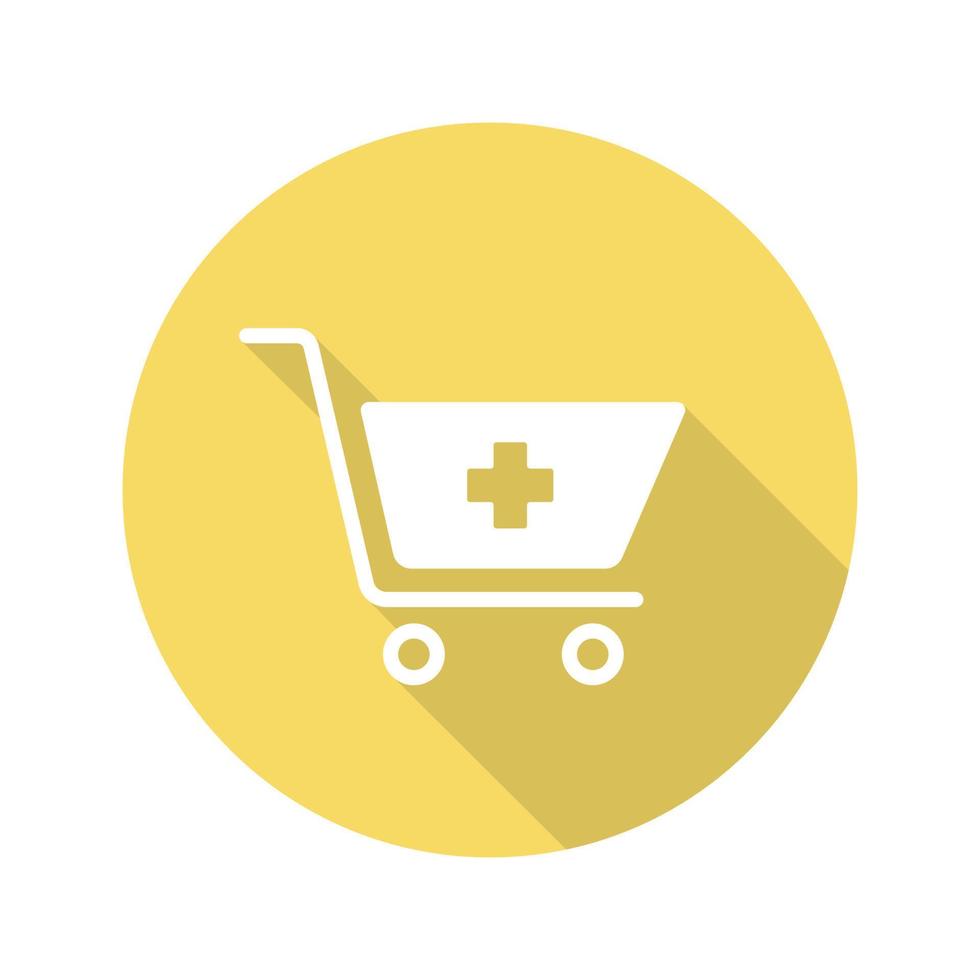 Drugstore shopping flat design long shadow glyph icon. Pharmacy. Shopping cart with medical cross. Vector silhouette illustration