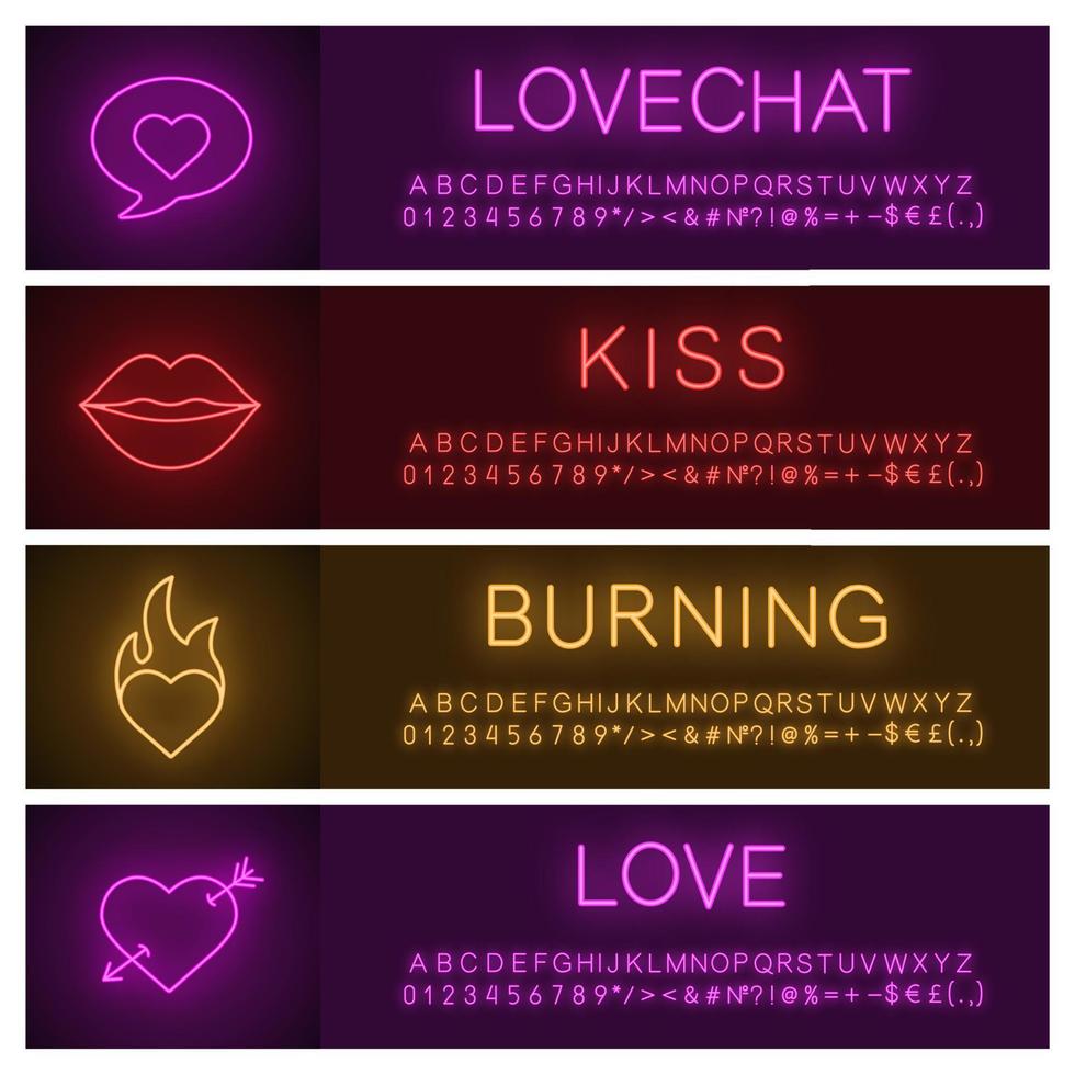 Love neon light banner templates set. Valentine's Day. Lovechat, kiss, passion, heart with Cupid's arrow. Website glowing menu items. Vector isolated illustrations