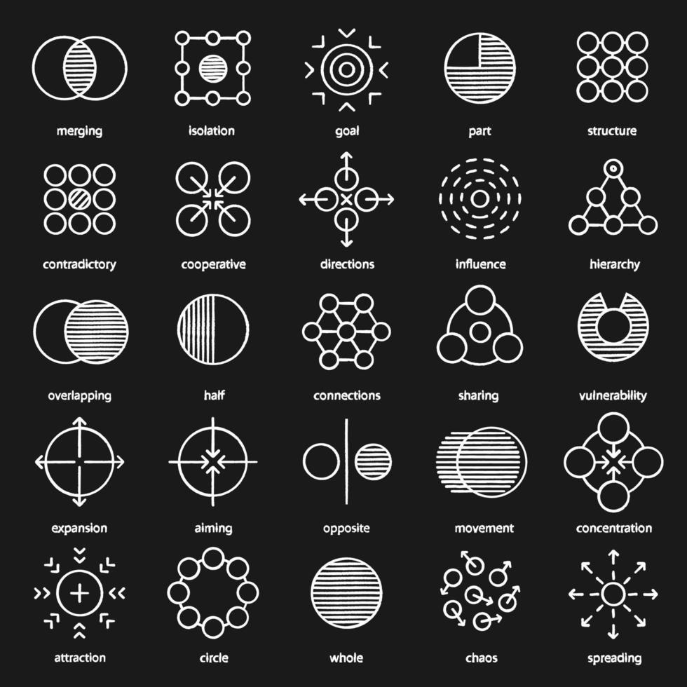 símbolos abstractos conjunto de iconos de tiza. Ideas de logotipos para empresas, ciencia e industrias de TI. fusión, vulnerabilidad, puntería, totalidad, conceptos de movimiento. ilustraciones de pizarra vector aislado