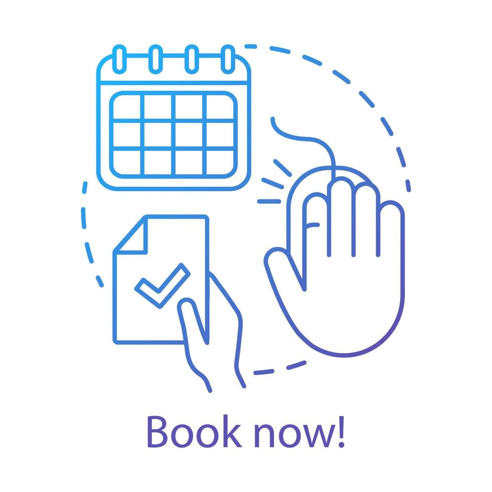 Book now concept icon. Holiday resort, interest club online booking website idea thin line illustration. Summer camp application, signup webpage. Vector isolated outline drawing. Editable stroke