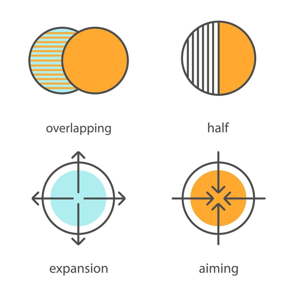 Abstract symbols color icons set. Overlapping, half, aiming, expansion concepts. Isolated vector illustrations