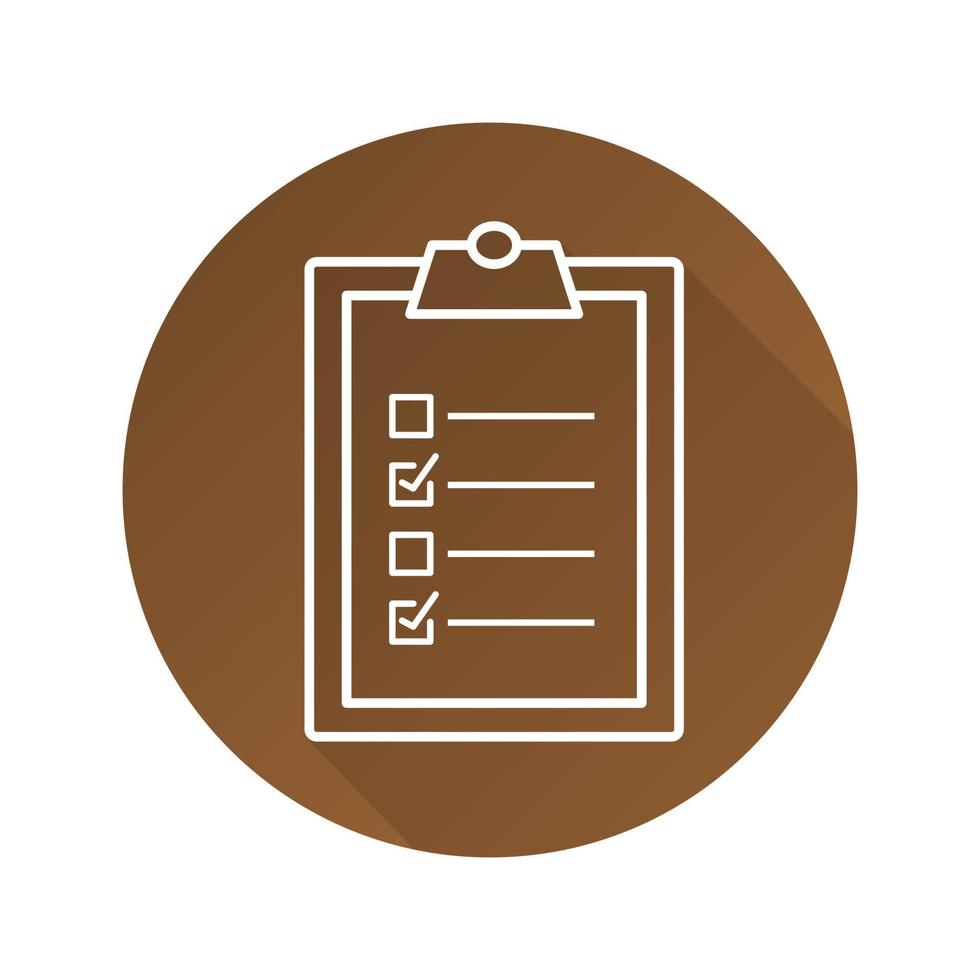 Clipboard checklist flat linear long shadow icon. To do list. Vector outline symbol