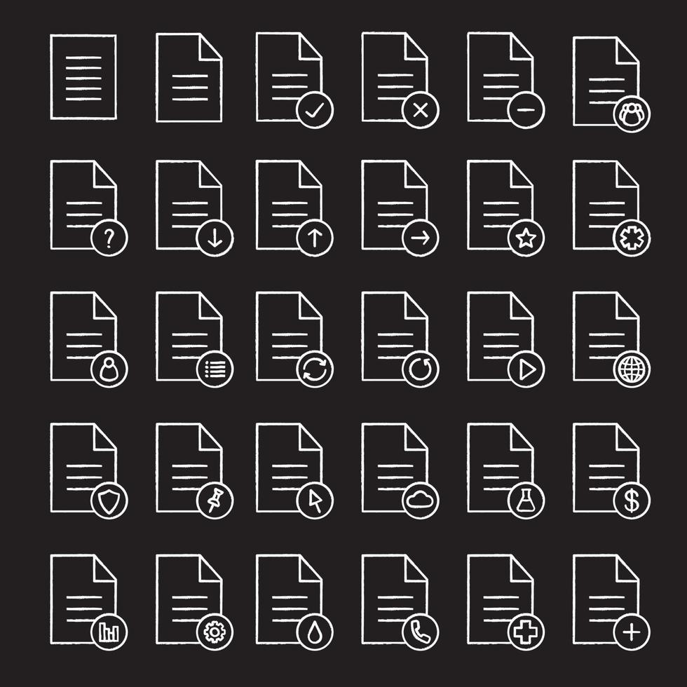 Documents chalk icons set. Statistics, medical insurance and test, contract, approved document. Send, pin, upload, download file. Isolated vector chalkboard illustrations